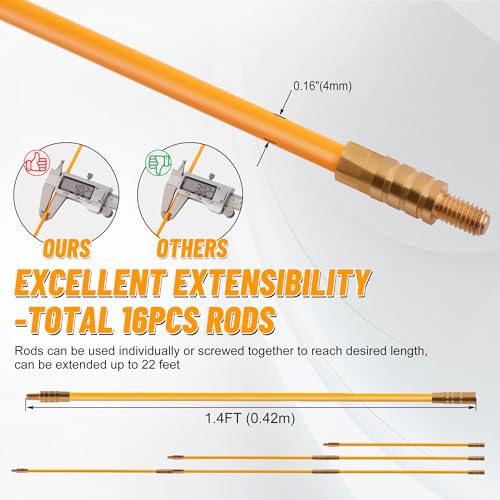 KOOTANS 22FT Fiberglass Electrical Wire Running Kit Wire Fishing Tools Fish Tape Wire Puller Through Wall Cable Snake Fish Rods Kit with Different Attachments - color: 22FT