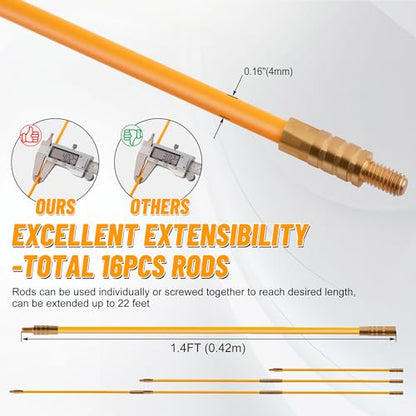 KOOTANS 22FT Fiberglass Electrical Wire Running Kit Wire Fishing Tools Fish Tape Wire Puller Through Wall Cable Snake Fish Rods Kit with Different Attachments - color: 22FT