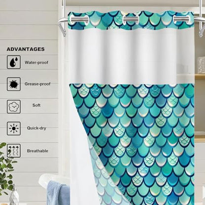 Turquoise Fish Scale Pattern No Hooks Shower Curtain with Snap in Liner Set, Blue Mermaid Scale Texture Tub Curtainn Mesh Top Window & Magnetic Hem Waterproof 35.5X74 Inch - color: Fish Scale 1 Blue03, size: 35.4"W x 74"L (Pack of 1)