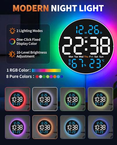 10 Inch Large Digital Wall Clock with 9 Color Changing Remote Control, Date Week Temperature, Auto Brightness Dimmer Big Clock with Night Lights,Blue - color: Blue