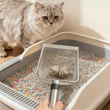 2-Pack Stainless Steel Cat Litter Scoop, 3.8mm Fine Mesh & 5mm Metal Scooper, 5.5-Inch Wide Deep Shovel, Long Handle, Rustproof Cat Poop Scooper for Clumping Litter, Multi-Pet & Beach Sand