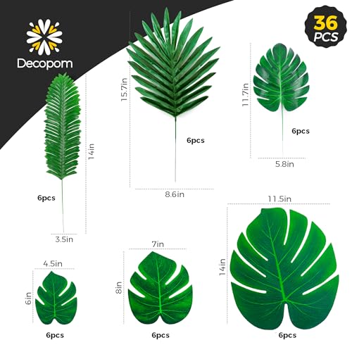 Palm Leaves Artificial Tropical Monstera 36Pack 6 Kinds Large Small Green Fake Palm Leaf with Stems - style: 36 Pack