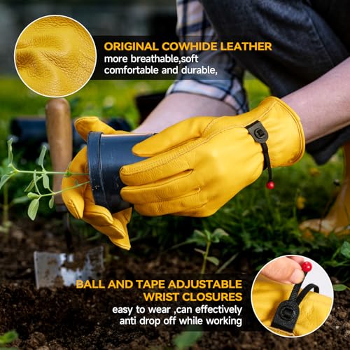 OZERO Leather Work Gloves for Men: Cowhide Garden Gloves, Gold, XL, 1 Pair | Full Grain Cowhide, ANSI/ISEA 105 Certified, Puncture Level 4, Abrasion Level 3, for Gardening Yard Construction Ranch Work - size: X-Large (1 Pair)