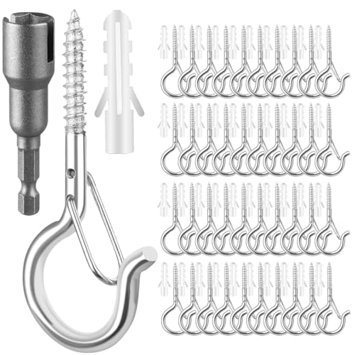 FSAH 48 PCS Q-Hanger Hooks with Safety Buckle, Windproof Screw Hooks | for Outdoor String Lights Hanging Christmas Patio Lights, Plants, Cup Eye Hooks Mount on Wall Ceiling Wood Fence Deck, Silver - color: Silver, size: 48 Pcs