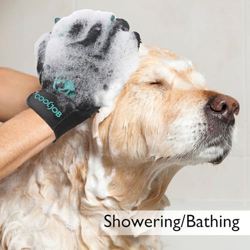 COOLJOB Patented Pet Grooming Gloves with Web, Reusable Washable Cleaning Brush Massage Hair Remover for Short Long Haired Dog Cat Horse Animal, Washing Bathing Shedding Supplies, Medium, Blue Black - size: Medium