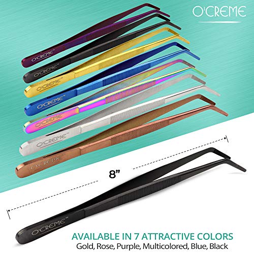 O'Creme Stainless Steel Precision Kitchen Culinary 8 Inch Tweezer Tongs (8" Curved, Black) - color: Black, size: 8" Curved