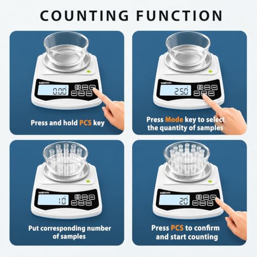 MEIYA Digital Lab Scale, 1000g by 0.01g Gram Scale Accuracy, Multi-Function High Precision Electronic Scale (Includes 100g Weight and 2 x AAA Batteries) Balance Scale Approved by EU CE and US FCC