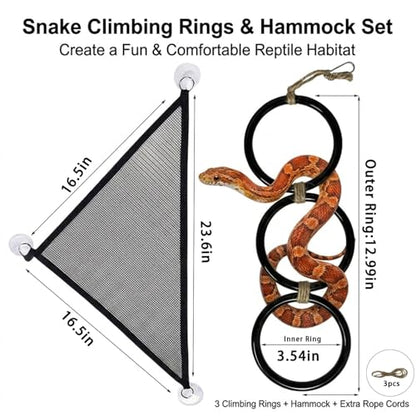 Ball Python Tank Accessories Snake Hammock & Climbing Rings Set | Ball python tank accessory set with snake hammock climbing rings and suction cups for reptile enrichment and habitat setup - color: Black Ring
