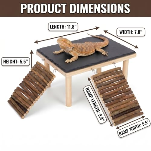 Bearded Dragon Basking Platform, Natural Slate Reptile Basking Rock with Wooden Climbing Ramp, Terrarium Habitat Decor for Lizard, Leopard Gecko, Tortoise, Snake