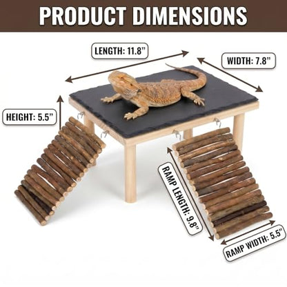 Bearded Dragon Basking Platform, Natural Slate Reptile Basking Rock with Wooden Climbing Ramp, Terrarium Habitat Decor for Lizard, Leopard Gecko, Tortoise, Snake