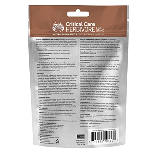 Oxbow Critical Care Herbivore Fine Grind, Rabbit & Guinea Pig, Papaya, 100g | Emergency Food for Rabbits and Guinea Pigs, Herbivore Recovery Diet, Papaya, Syringe or Tube Feeding, Complete Nutrition - size: 3.53 Ounce (Pack of 1)