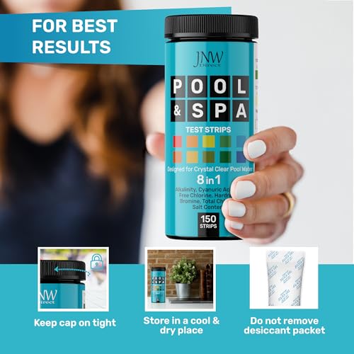 Pool Test Strips 8-in-1, 150 Quick and Accurate Pool and Hot Tub Test Strips - Pool Water Testing Kit for Chlorine, Bromine, pH, Hardness, More - All in 1 Swimming Pool Test Strips by JNW - style: 150 STRIPS - 8 IN 1 POOL TEST STRIPS