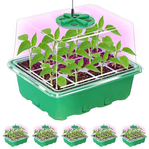 Seed Starter Trays with 12-LED Grow Lights, Green, 5 Pack | 5 Seed Starter Kits, 60 Cells, 12-LED Grow Light per Tray, Vented Humidity Domes, Drainage Holes, 1-to-5 USB Cable - color: Green, size: 5 Packs
