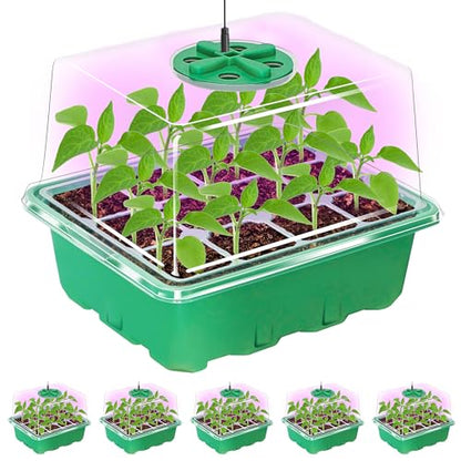 Seed Starter Trays with 12-LED Grow Lights, Green, 5 Pack | 5 Seed Starter Kits, 60 Cells, 12-LED Grow Light per Tray, Vented Humidity Domes, Drainage Holes, 1-to-5 USB Cable - color: Green, size: 5 Packs