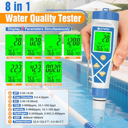 pH Chlorine Tester, 8 in 1 pH&Salt Meter Saltwater Pool Hydrogen | H2 Water Tester, Digital pH H2 Salinity ORP Chlorine EC TDS Temp Meter for Hydrogen Water Bottle, Hydroponic, Aquarium