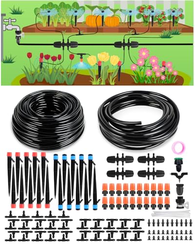 Drip Irrigation System for Watering Garden: 230FT Misting Sprinkler DIY Devices with Tubing Hose for Indoor Plants Outdoor Flower Beds Raised Growing Lawn Tree Patio Hydroponic - size: 230FT Barbed