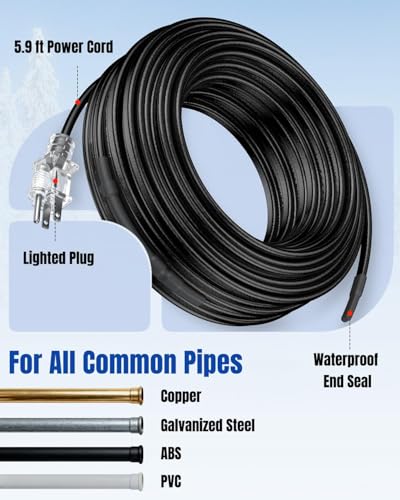 Pawfly 25 ft Heat Tape for Water Pipes, Pipe Heating Cable 8 W/ft 120 V, Self-Regulating Water Line Heat Tape Freeze Protection, Heating Trace for Pipes Roofs, Keep Water Flowing at -40 °F - style: 25 ft
