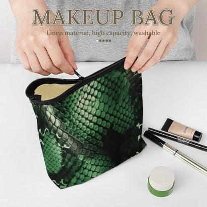 Green Snakeskin Makeup Bag Cosmetic Bags Toiletry Bag | Linen Travel Cosmetic Bag Portable Makeup Zipper Pouch Lightweight Toiletry Organizer Bag for Women Daily Use Travel
