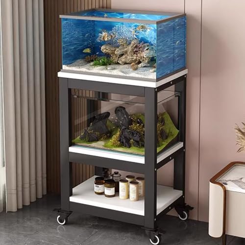 Movable Aquarium Stand with Wheels, Storage Shelves for Living Room, Bedroom & Office - Durable Fish Tank Rack, Space-Saving Design, Easy Mobility, Stylish Home Decor,Black+white,101x40x103c