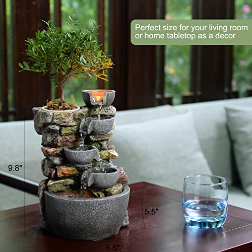 Haobos Indoor Fountain 4-Bowl Rockery Soothing Sound Tabletop Fountains Home/Office Decor Gift for Mom,Mother Day Present with A Small Plastic Pot to Grow Plant/Hebs By Yourself (Automatic Watering)