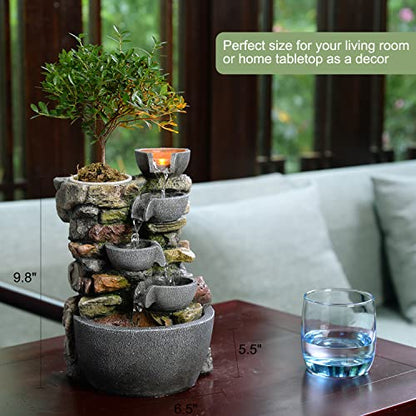 Haobos Indoor Fountain 4-Bowl Rockery Soothing Sound Tabletop Fountains Home/Office Decor Gift for Mom,Mother Day Present with A Small Plastic Pot to Grow Plant/Hebs By Yourself (Automatic Watering)
