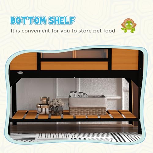 PawHut Tortoise Habitat with Adjustable Lamp Holder, Attached Tray Yellow | Wooden Tortoise Enclosure, Storage Shelf, Dual Main Houses, Openable Lid - color: Yellow