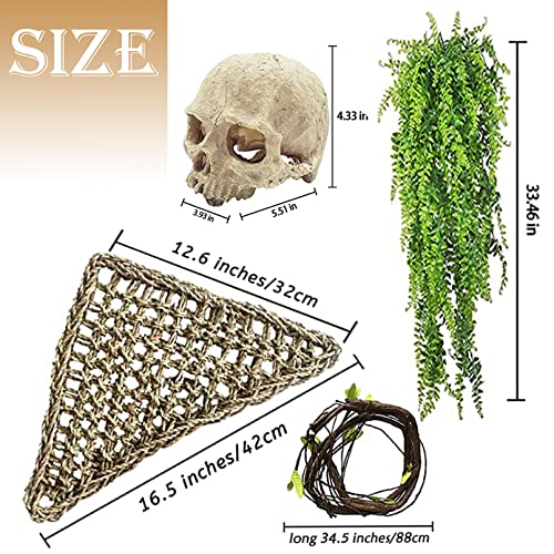 Bearded Dragon Skull Hide Decor,Reptile Natural Seagrass Hammock Lizard Lounger Reptiles Tank Accessories Jungle Climber Bendable Vine Habitat Decorations for Chameleon Spider Snakes(4Pcs)