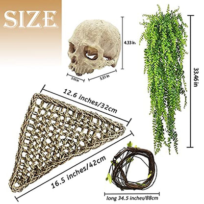 Bearded Dragon Skull Hide Decor,Reptile Natural Seagrass Hammock Lizard Lounger Reptiles Tank Accessories Jungle Climber Bendable Vine Habitat Decorations for Chameleon Spider Snakes(4Pcs)