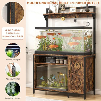 kepptory 75-120 Gallon Diamond Fish Tank Stand with Power Outlet | 55 Gallon Heavy Duty Aquarium Cabinet with Display Shelf and 4 Hooks,Classic Black - color: Brown, size: 40.9"L x 20.5"W x 69.1"H