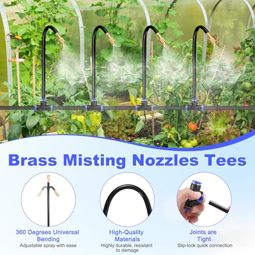 M METERXITY 1-Set Brass Misting Nozzles Tees, 8inch/20cm Tube Len 3-in-1(Dripping, Spraying, Shutoff) Adjustable Copper Water Mister Sprayers for 1/4 Inch Tubing Irrigation [Gold Tone, Black] - size: 8inch/20cm