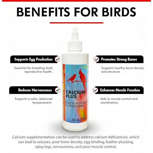 Calcium Plus Liquid for Birds – Calcium Supplement with Vitamins and Minerals for Strong Eggshells, Healthy Bones - Support Growth, Breeding, and Wellness for All Birds 8 Fl Oz | Calcium Supplement - Supports Healthy Growth, Bone Strength, Breeding, Brain