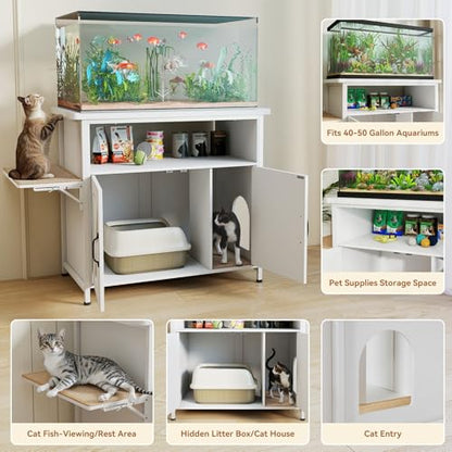 Verano Garden 40-50 Gallon Fish Tank Stand, Aquarium Stand, White | Cat Litter Box Enclosure, Storage Shelf, Cat Perch, Removable Divider, Scratch Mat, 36.2"x20.5" Tabletop, 660 LBS Capacity - color: White