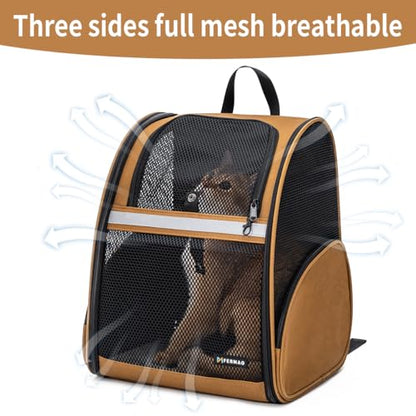 Cat Backpack Carrier for Small Dogs and Medium cat Puppy Kitten Bunny Pet Carrier Backpack Collapsible with Fully Ventilated Mesh with Safety Leash (Brown, 12.9" L x 10.62" W x 15.5" H - M) - color: Brown, size: Medium