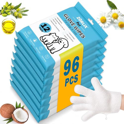 96Pcs Bulk Hypoallergenic Pet Glove Wipes for Dogs & Cats | Thick Grooming Gloves to Deodorize & Hydrate for Paws, Face, Ears & Butt, Family Daily Care & Travel - size: 96PCS