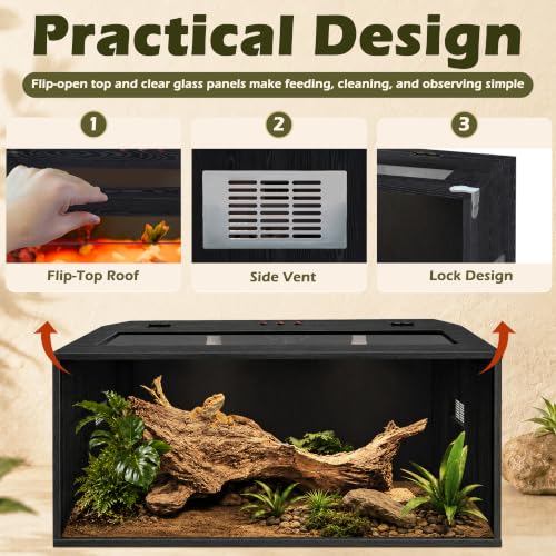 Bearded Dragon Tank, Reptile Enclosure, Tempered Glass Lizard Tank, Bearded Dragon Enclosure with Built-in Lamp Fixture and Wooden Roof for Chameleon (40x20x20 Inch, Black) - color: Black, size: 68 gallons