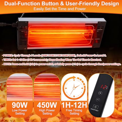 450W Heat Lamp for Chickens, Carbon Fiber Heater for Chick Brooder | Hanging Chicken Coop Heater, Adjustable Temp & Time & Height, Chicken Brooder Heating Lamp for Poultry, Livestock & Pets
