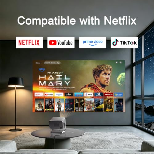 [Now with Netflix] 4K Projector with WiFi and Bluetooth, Auto Focus Keystone Smart Projector, Outdoor Projector with Adjustable Stand for Home Bedroom
