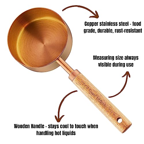 Copper Stainless Steel Measuring Cups and Spoons Set of 8, Wooden Handle with US and Metric Measurements