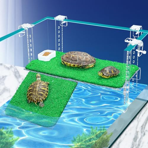 15" Turtle Basking Platform with Grass Ramp, Acrylic, Fits 0.31-2.11" Tanks | Adjustable non-slip grass ramp for aquatic turtles. Fits 0.31-2.11" thick rims. Thickened acrylic 11" large dock for basking - size: 15 Inch