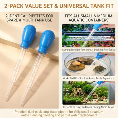 Aquarium Cleaning Pipette Manual Gravel Cleaner Tool 2 Pack | Clear acrylic tube with soft silicone bulb; pointed tip for waste suction; for small tank cleaning partial water change
