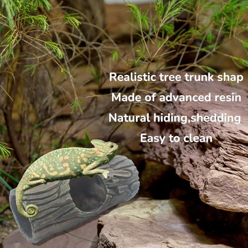Magnetic Reptile Hide Cave,Resin Hollow Tree Trunk Hideout for Crested Gecko, Lizard, and Snakes,Climbing Toy & Terrarium Decor