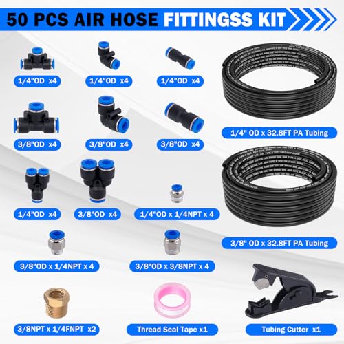 Air Line Tubing Kit, 1/4" 3/8" Air Line Quick Connect Fittings with 1/4" OD x 32.8 FT (10M) & 3/8" OD x 32.8 FT (10 M) DOT Nylon Air Hose Tubing Pneumatic Push Lock Fittings Kit (50 Pcs) - size: 50PCS & 32.5FT 1/4"+3/8" Air Line
