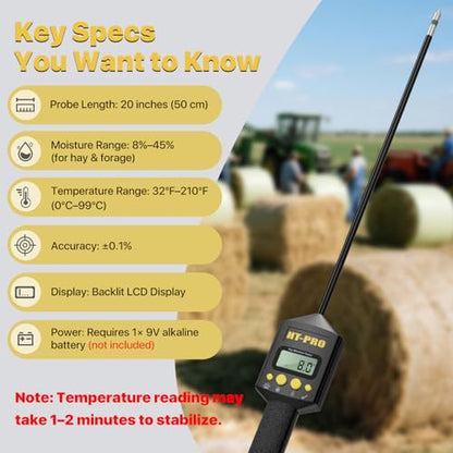 Hay Moisture Tester with 20" Probe, Moisture & Temperature Meter for Round and Square Hay Bales, Fast Backlit Readings, Calibration Clip Included, BlackGold - color: Blackgold