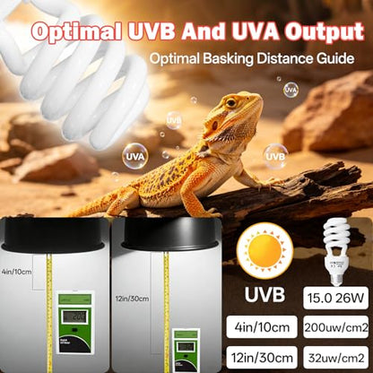 UVB Light for Reptiles 15.0: 26W UVA UVB Reptile Light Bulb for Intense Desert Species - Reptile UVB Light Terrarium Compact Fluorescent Lamp for Reptile and Amphibian with Free UV Sensor Card - size: 6.5INCH-15.0