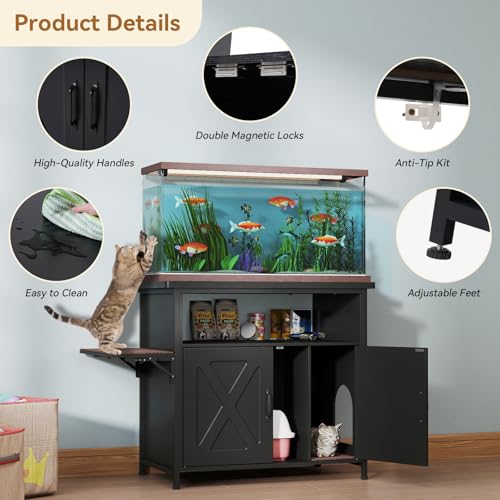 Verano Garden 40-50 Gallon Fish Tank Stand, Aquarium Stand, White | Cat Litter Box Enclosure, Storage Shelf, Cat Perch, Removable Divider, Scratch Mat, 36.2"x20.5" Tabletop, 660 LBS Capacity - color: Black