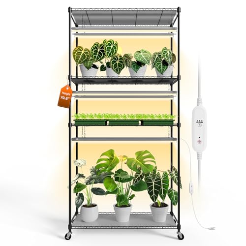 4-Tier Plant Shelf with Grow Light, 35.4x13.8x70.8in | Grow Light Shelf, Indoor Plant Stand, 6-Pack Full Spectrum LED Plant Lights, Timer, 90W Total, Ideal for Seed Starting