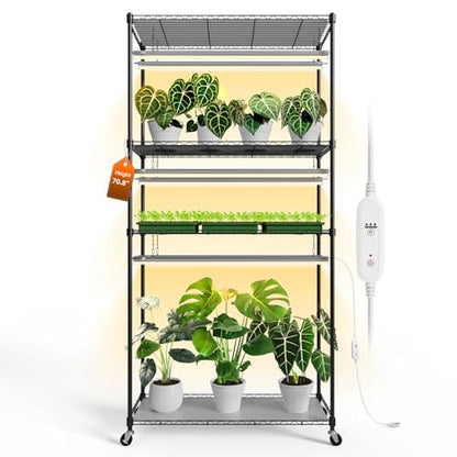 4-Tier Plant Shelf with Grow Light, 35.4x13.8x70.8in | Grow Light Shelf, Indoor Plant Stand, 6-Pack Full Spectrum LED Plant Lights, Timer, 90W Total, Ideal for Seed Starting