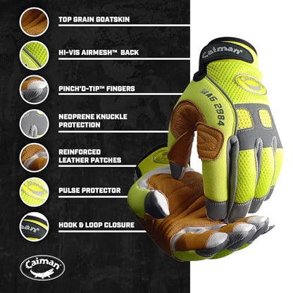 Caiman MAG, Multi-Activity Glove with Goat Grain Leather Patch Palm, Hi-Vis AirMesh Back, Pinch'd-Tip Fingers, Neoprene Knuckle, High-Vis Yellow/Gold, 2X-Large (2984-7) - size: XX-Large