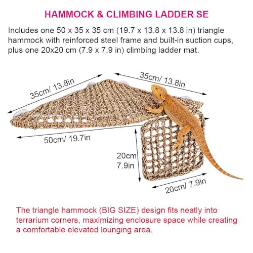 Triangle Bearded Dragon Hammock with Built-in Steel Frame, Flat Stable Corner Reptile Hammock, Handwoven Seagrass Lizard Bed & Climbing Ladder for Reptile Tank Accessories