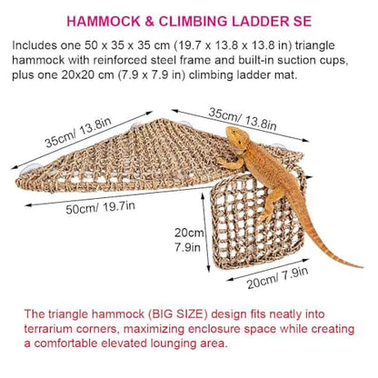 Triangle Bearded Dragon Hammock with Built-in Steel Frame, Flat Stable Corner Reptile Hammock, Handwoven Seagrass Lizard Bed & Climbing Ladder for Reptile Tank Accessories